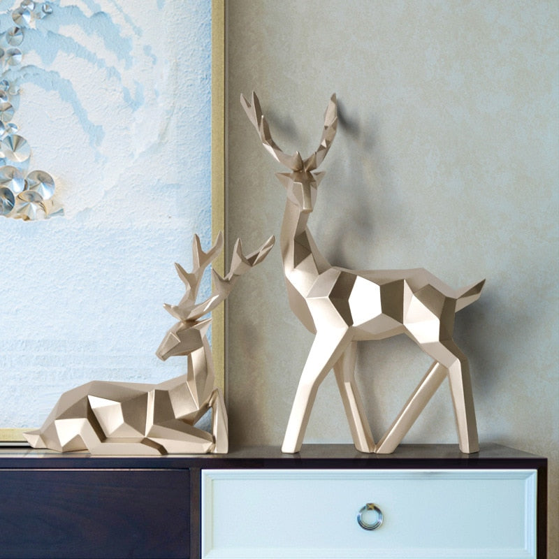 Abstract Geometric Golden Reindeer Figurines Sculptured Nordic Deer Statues For Tabletop Decoration Nordic Style Living Room In White Black Gold Blue Set Of Two