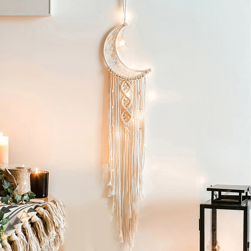Fairy Light Dream Catcher Naturally Inspired Earthy Moon And Stars Cotton Macrame Hanging Decoration For Bedroom Living Room Essential Nordic Home Decor