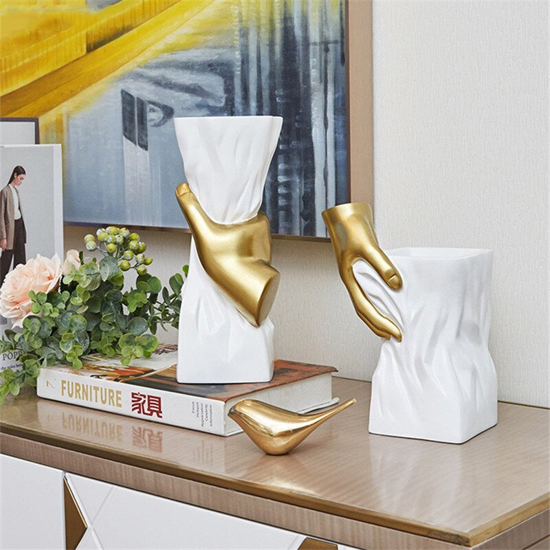 Modern Nordic Abstract Art Vase White With Golden Hand Decorative Minimalist Tabletop Vase For Luxury Living Room Dressing Room Salon Home Decor