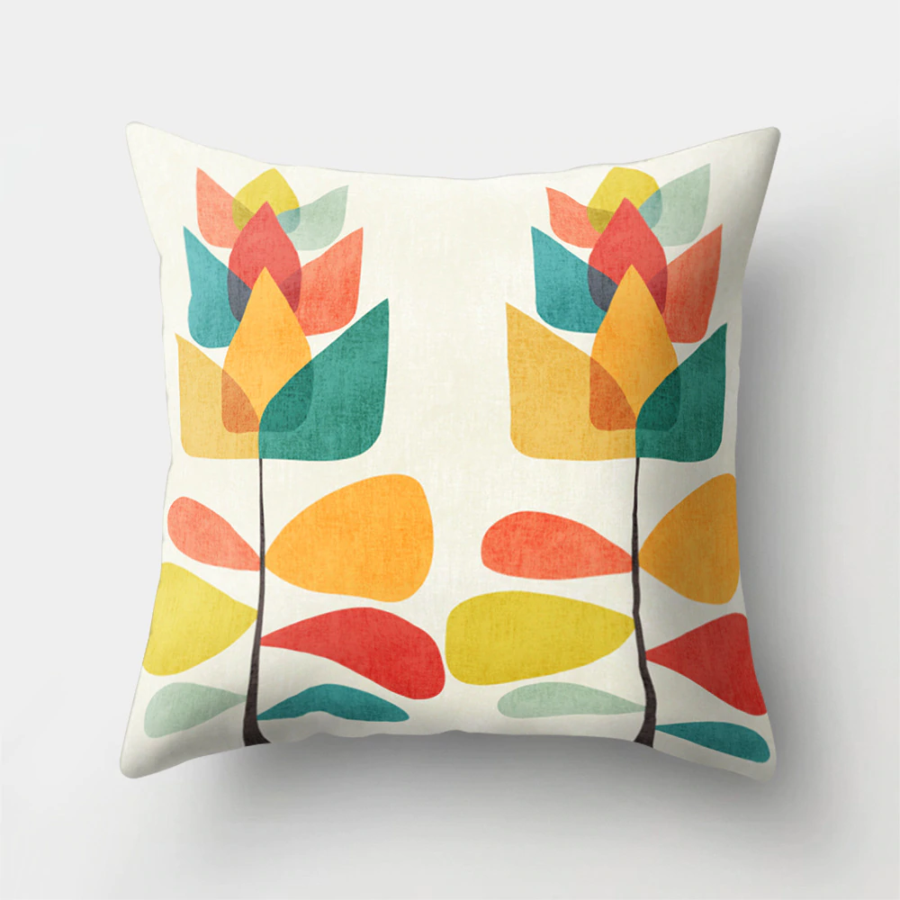 Colorful Nordic Style Sunrise Moon & Mountain Floral Landscape Geometric Abstract Patterned Retro Geometric Cushion Cover Sofa Pillow Case