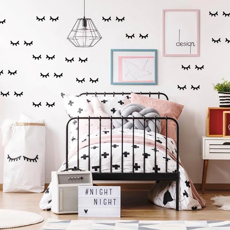 Little Eyelash Wall Decals For Kids Girls Bedroom Decor Cute Night Night Lashes Nursery Decor Removable Self Adhesive PVC Stickers For Creative DIY Home Decor