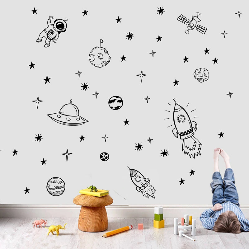 Space Rocket Astronaut Adventure Wall Decals For Boy's Room Removable Self Adhesive PVC Wall Stickers For Kid's Room Creative DIY Home Decor