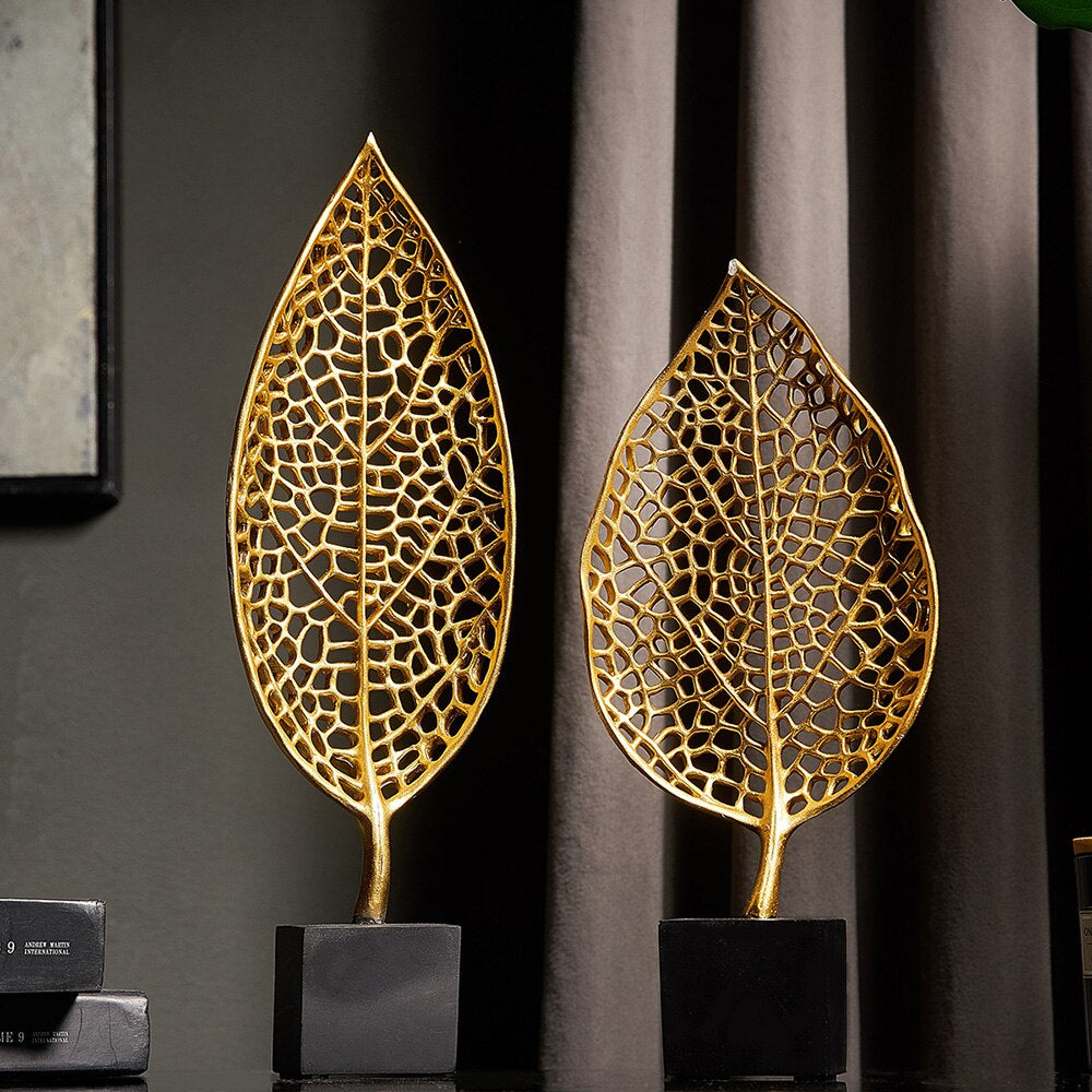 Golden Leaf Statues Decorative Exotic Botanical Silhouette Leaves Desktop Ornaments For Luxury Living Room Sideboard Coffee Table Nordic Style Decoration