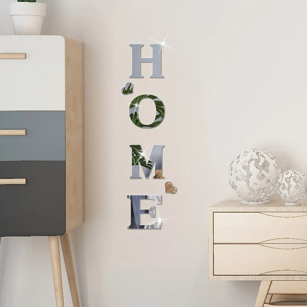 Large Mirrored HOME Letters Self Adhesive Removable Wall Stickers Creative DIY Wall Decoration For Living Room Kitchen Wall Decor