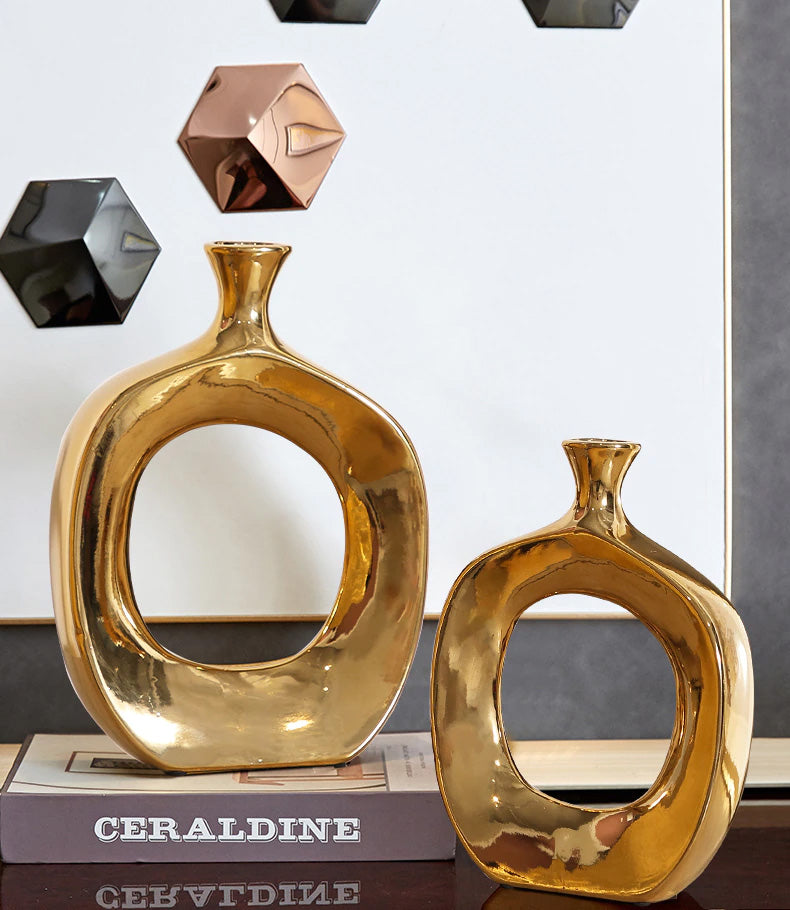 Golden Ceramic Sculpture Vase Modern Abstract Decorative Nordic Art Piece For Living Room Sideboard Dining Room Table Contemporary Style Nordic Home Decor