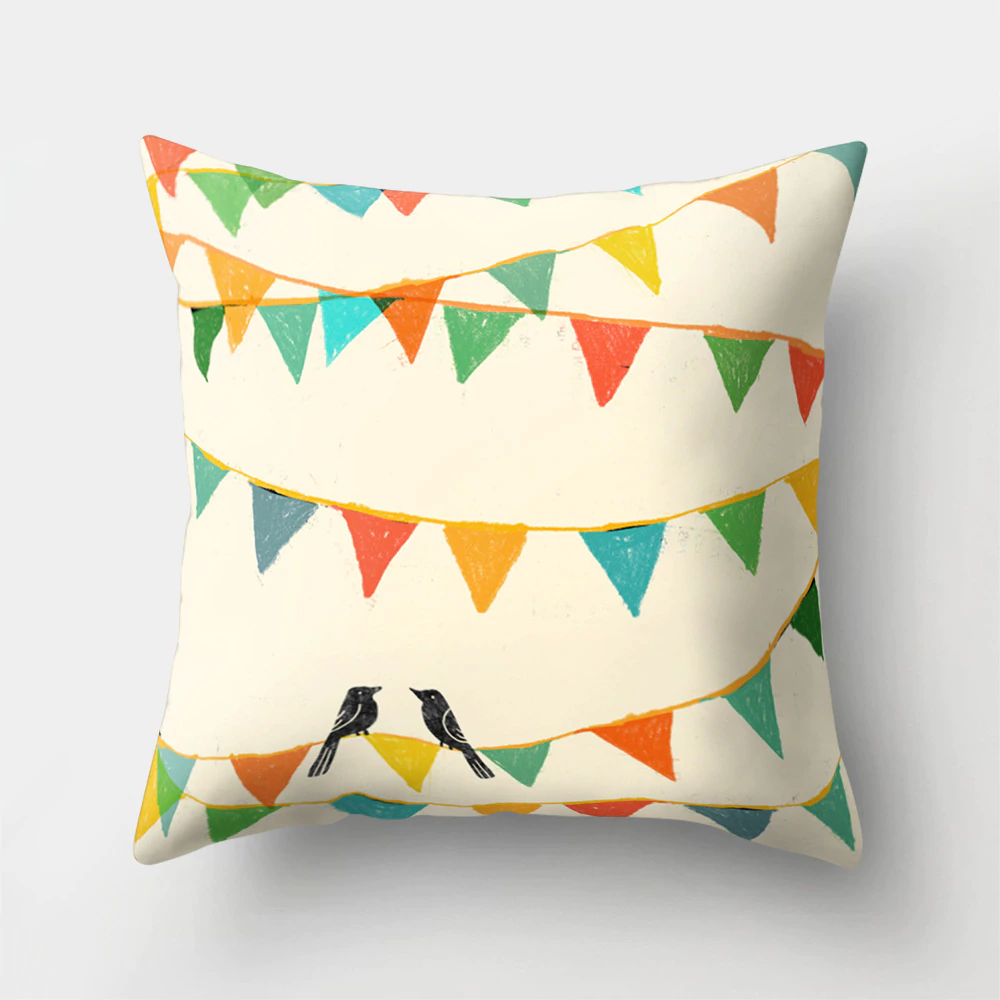Colorful Nordic Style Sunrise Moon & Mountain Floral Landscape Geometric Abstract Patterned Retro Geometric Cushion Cover Sofa Pillow Case