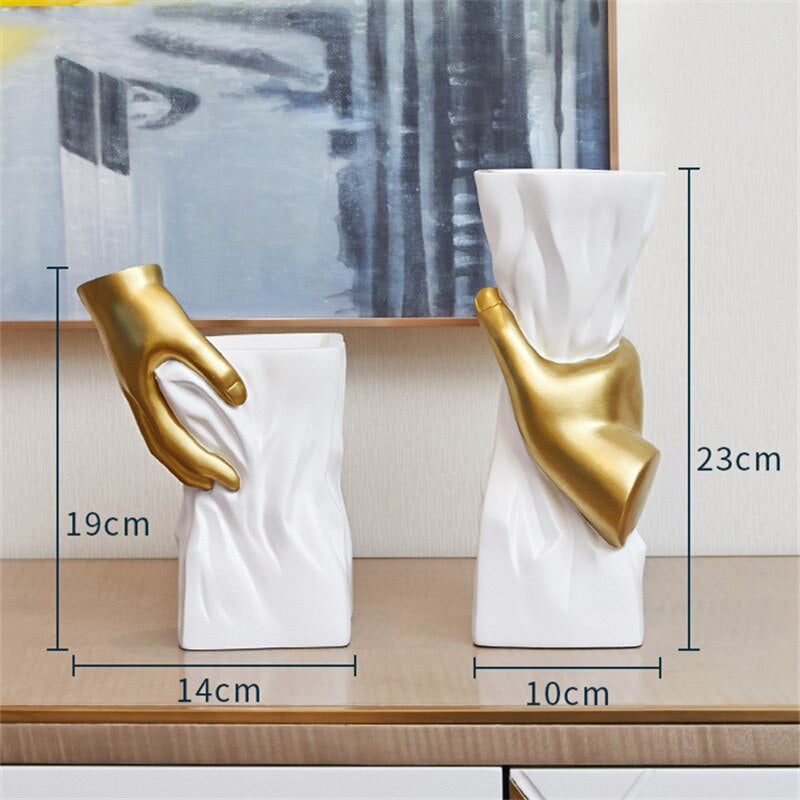 Modern Nordic Abstract Art Vase White With Golden Hand Decorative Minimalist Tabletop Vase For Luxury Living Room Dressing Room Salon Home Decor