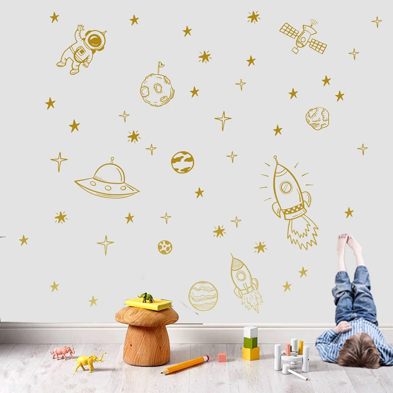 Space Rocket Astronaut Adventure Wall Decals For Boy's Room Removable Self Adhesive PVC Wall Stickers For Kid's Room Creative DIY Home Decor