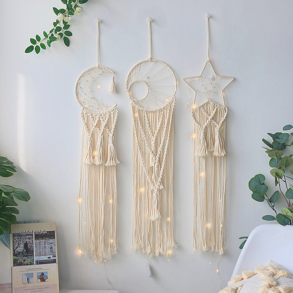 Fairy Light Dream Catcher Naturally Inspired Earthy Moon And Stars Cotton Macrame Hanging Decoration For Bedroom Living Room Essential Nordic Home Decor