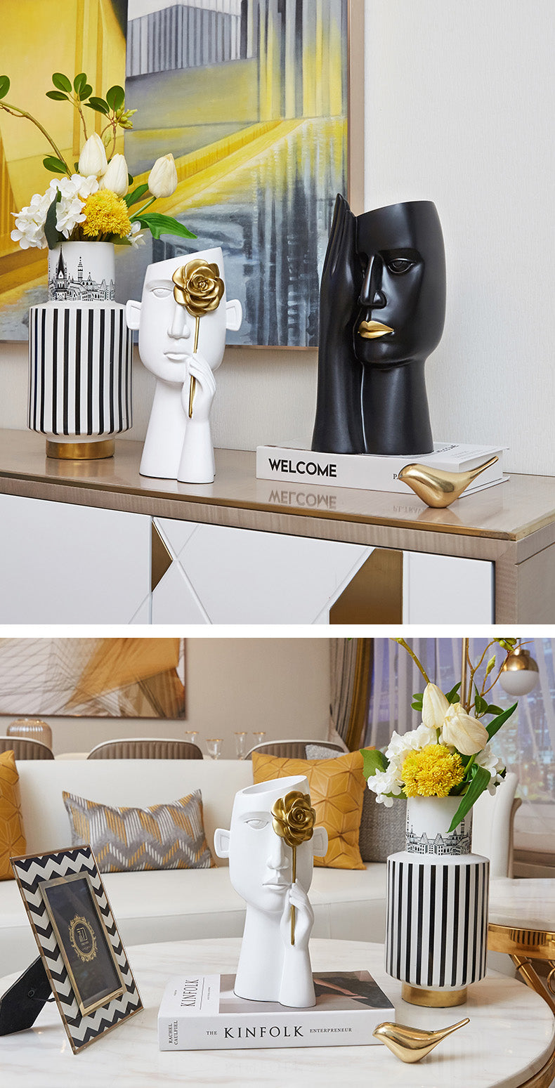 Abstract Black White Golden Bust Statue Vases For Creative Flower Arrangement For Living Room Bedroom Dressing Room Nordic Style Home Decor Trends