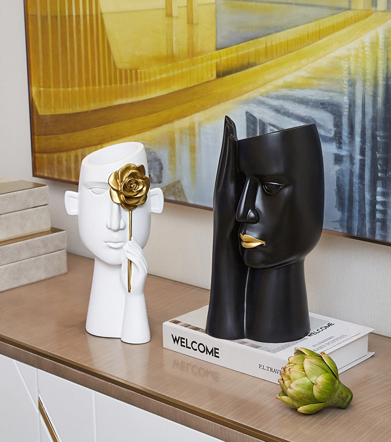 Abstract Black White Golden Bust Statue Vases For Creative Flower Arrangement For Living Room Bedroom Dressing Room Nordic Style Home Decor Trends