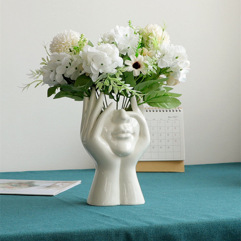 Abstract Face Hands Art Vase For Creative Floral Arrangements Modern Ceramic Handicraft Decoration For Nordic Living Room Hotel Room Home Office Reception Decor