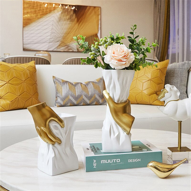 Modern Nordic Abstract Art Vase White With Golden Hand Decorative Minimalist Tabletop Vase For Luxury Living Room Dressing Room Salon Home Decor