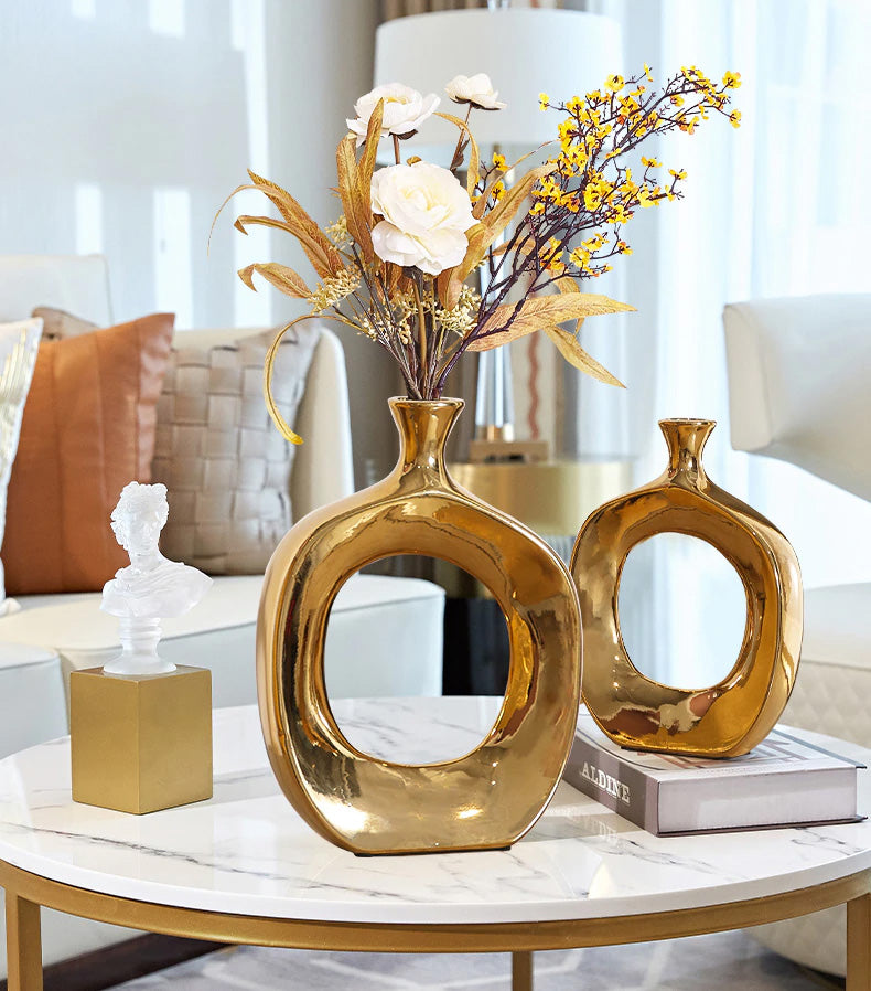 Golden Ceramic Sculpture Vase Modern Abstract Decorative Nordic Art Piece For Living Room Sideboard Dining Room Table Contemporary Style Nordic Home Decor