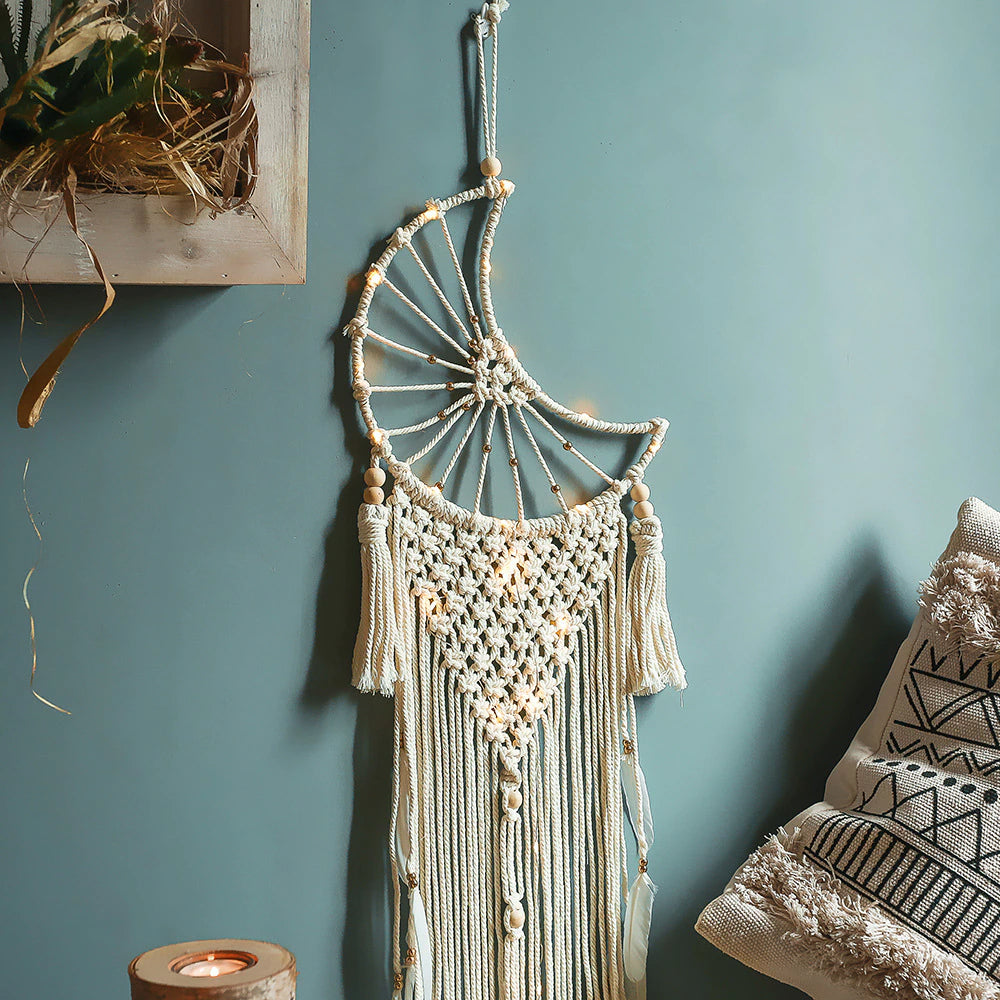Fairy Light Dream Catcher Naturally Inspired Earthy Moon And Stars Cotton Macrame Hanging Decoration For Bedroom Living Room Essential Nordic Home Decor