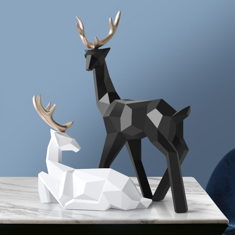 Abstract Geometric Golden Reindeer Figurines Sculptured Nordic Deer Statues For Tabletop Decoration Nordic Style Living Room In White Black Gold Blue Set Of Two