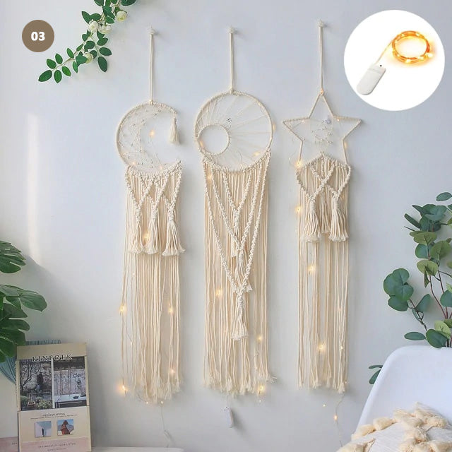 Moon And Stars Dream Catcher Naturally Inspired Cotton Macrame Earthy Hanging Decoration For Bedroom Living Room Essential Nordic Home Decor