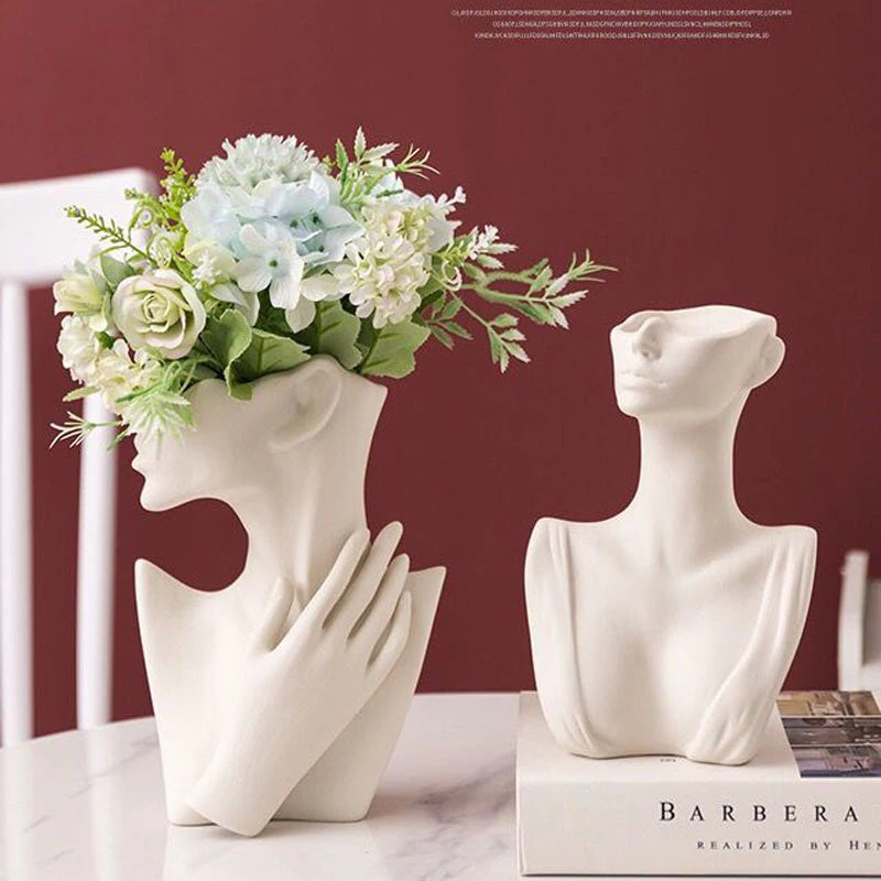 Nordic Abstract Sculptured Porcelain Lady Ceramic Vase Miniature Bust Decorative Art Sculpture For Wedding Floral Arrangements Modern Living Room Home Decor.