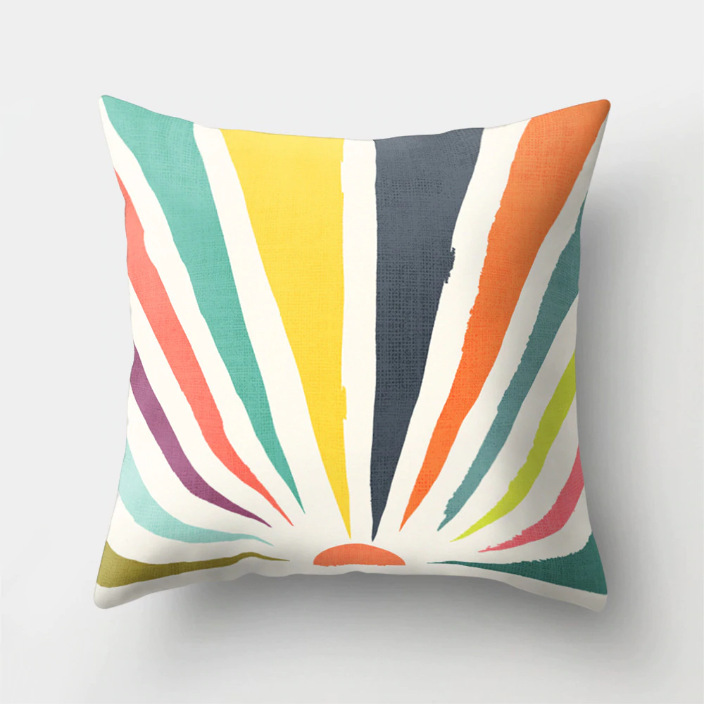 Colorful Nordic Style Sunrise Moon & Mountain Floral Landscape Geometric Abstract Patterned Retro Geometric Cushion Cover Sofa Pillow Case