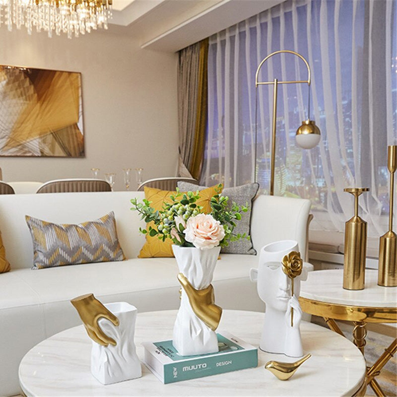 Modern Nordic Abstract Art Vase White With Golden Hand Decorative Minimalist Tabletop Vase For Luxury Living Room Dressing Room Salon Home Decor
