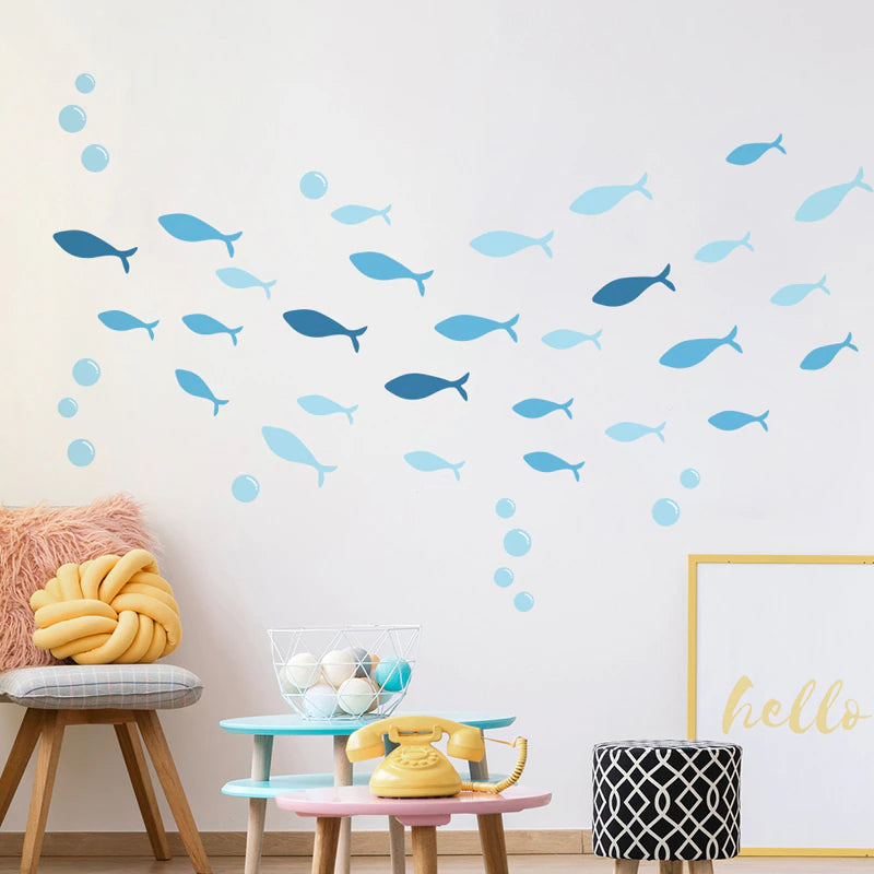 Aqua Blue Freedom Fishes Vinyl Wall Decal Removable Waterproof PVC Stickers For Bathroom Decor Shades Of Blue Ocean Fish Creative DIY Home Decor