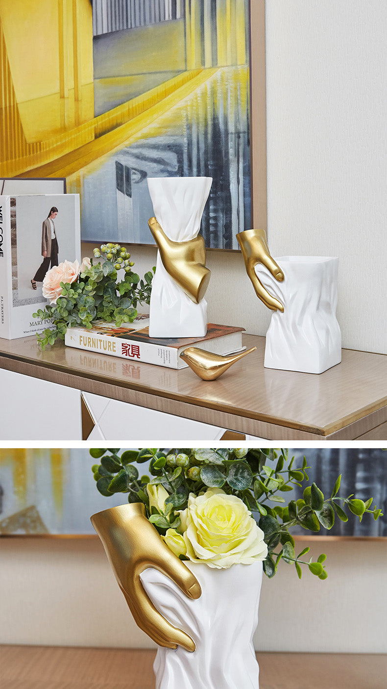 Modern Nordic Abstract Art Vase White With Golden Hand Decorative Minimalist Tabletop Vase For Luxury Living Room Dressing Room Salon Home Decor