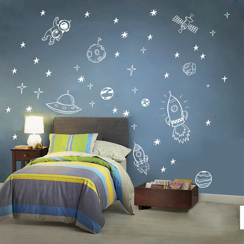 Space Rocket Astronaut Adventure Wall Decals For Boy's Room Removable Self Adhesive PVC Wall Stickers For Kid's Room Creative DIY Home Decor