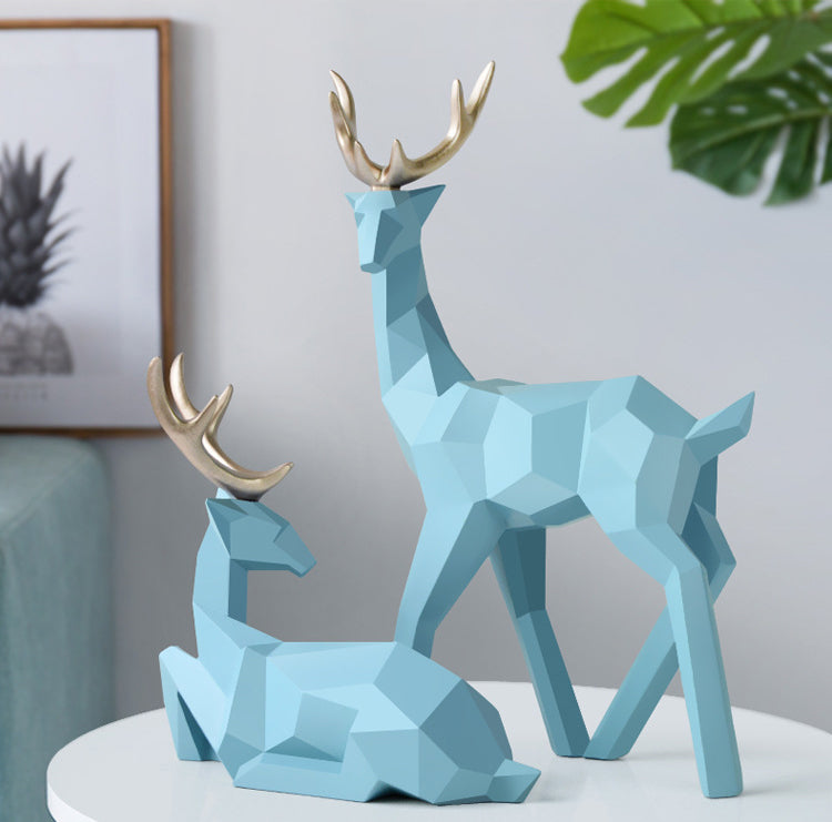 Abstract Geometric Golden Reindeer Figurines Sculptured Nordic Deer Statues For Tabletop Decoration Nordic Style Living Room In White Black Gold Blue Set Of Two