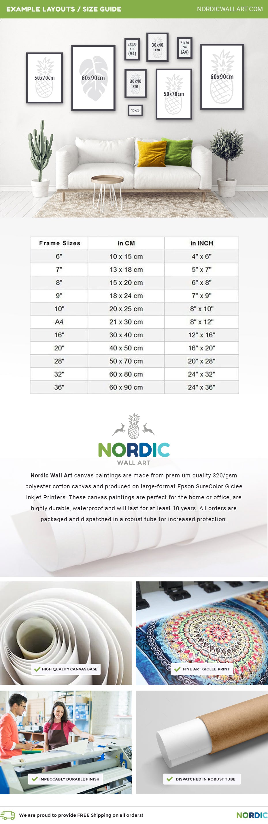 Nordic Wall Art canvas paintings are made from premium quality 320/gsm polyester cotton canvas and produced on large-format Epson SureColor Giclee Inkjet Printers. These canvas paintings are perfect for the home or office, are highly durable, waterproof and will last for at least 10 years. All orders are packaged and dispatched in a robust tube for increased protection.
