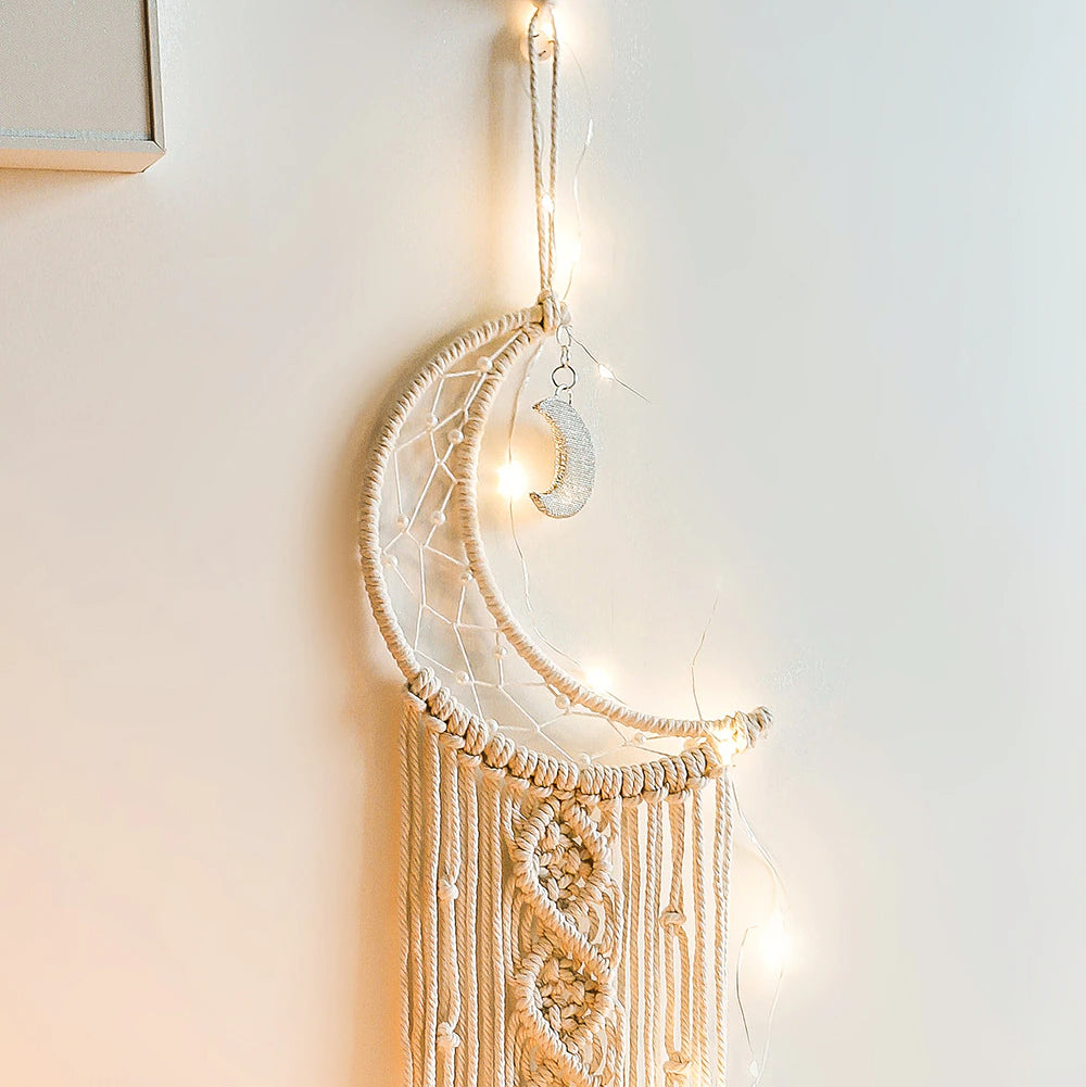 Fairy Light Dream Catcher Naturally Inspired Earthy Moon And Stars Cotton Macrame Hanging Decoration For Bedroom Living Room Essential Nordic Home Decor