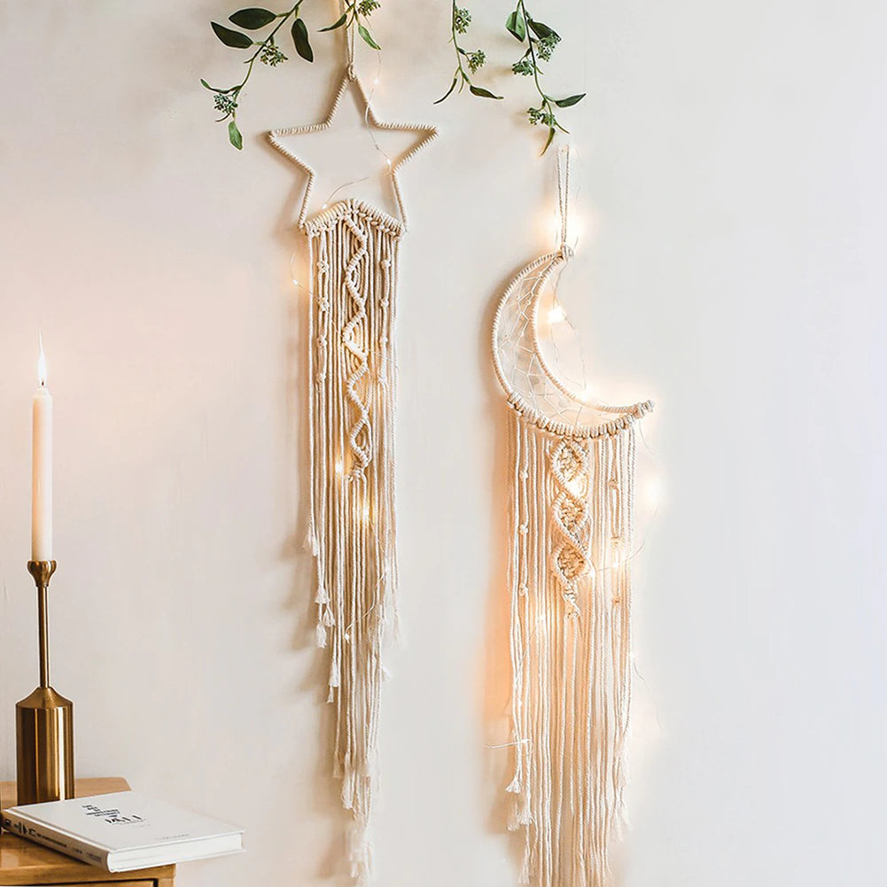 Fairy Light Dream Catcher Naturally Inspired Earthy Moon And Stars Cotton Macrame Hanging Decoration For Bedroom Living Room Essential Nordic Home Decor