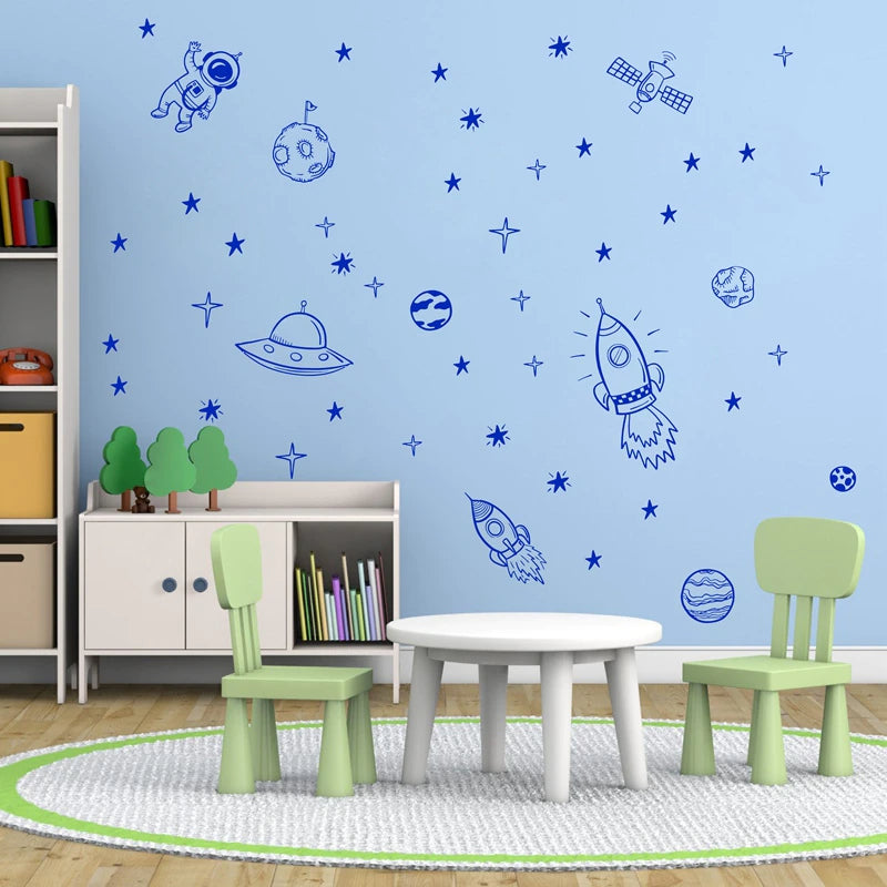 Space Rocket Astronaut Adventure Wall Decals For Boy's Room Removable Self Adhesive PVC Wall Stickers For Kid's Room Creative DIY Home Decor