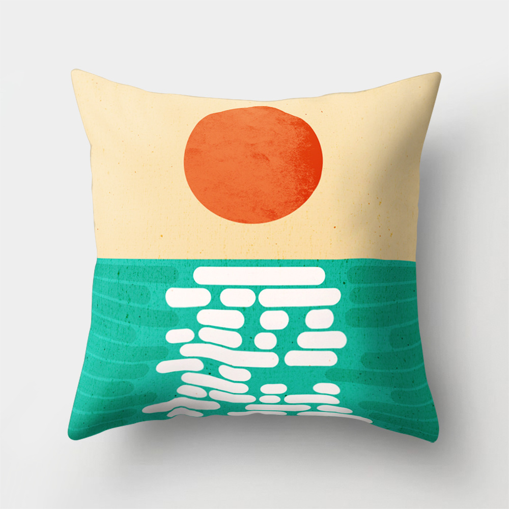 Colorful Nordic Style Sunrise Moon & Mountain Floral Landscape Geometric Abstract Patterned Retro Geometric Cushion Cover Sofa Pillow Case