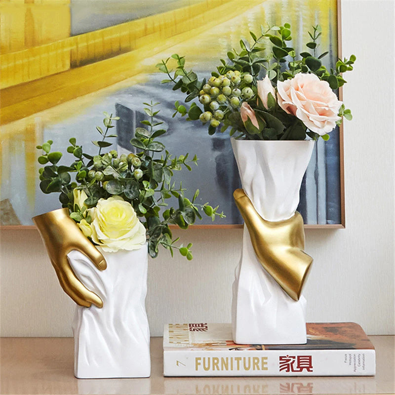 Modern Nordic Abstract Art Vase White With Golden Hand Decorative Minimalist Tabletop Vase For Luxury Living Room Dressing Room Salon Home Decor