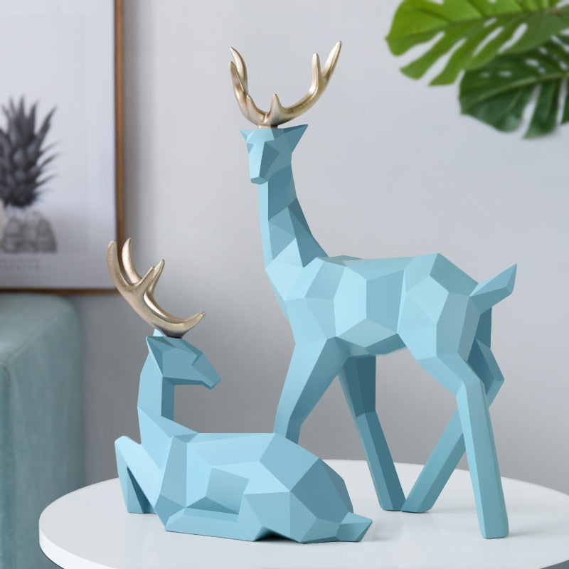 Abstract Geometric Golden Reindeer Figurines Sculptured Nordic Deer Statues For Tabletop Decoration Nordic Style Living Room In White Black Gold Blue Set Of Two