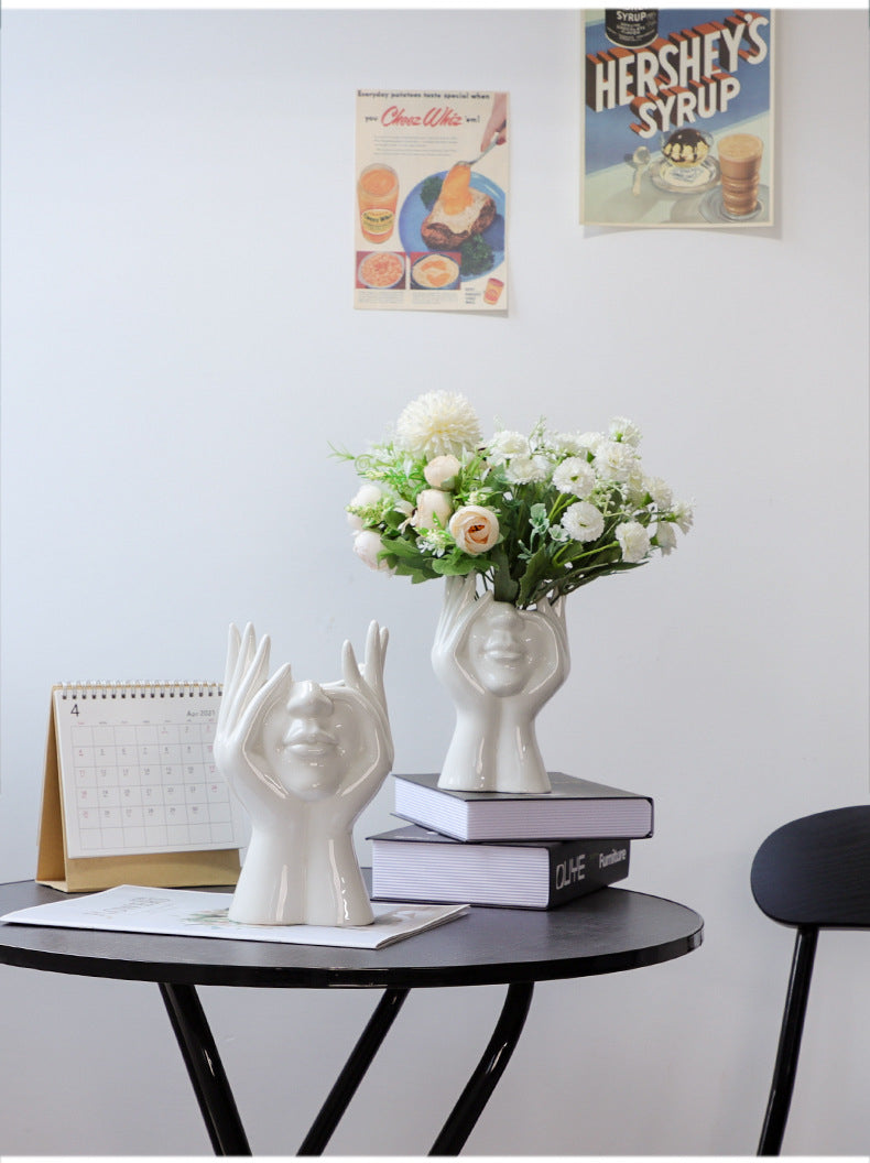 Abstract Face Hands Art Vase For Creative Floral Arrangements Modern Ceramic Handicraft Decoration For Nordic Living Room Hotel Room Home Office Reception Decor