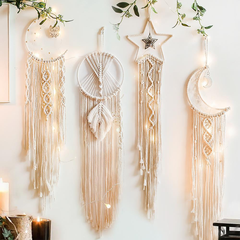 Fairy Light Dream Catcher Naturally Inspired Earthy Moon And Stars Cotton Macrame Hanging Decoration For Bedroom Living Room Essential Nordic Home Decor
