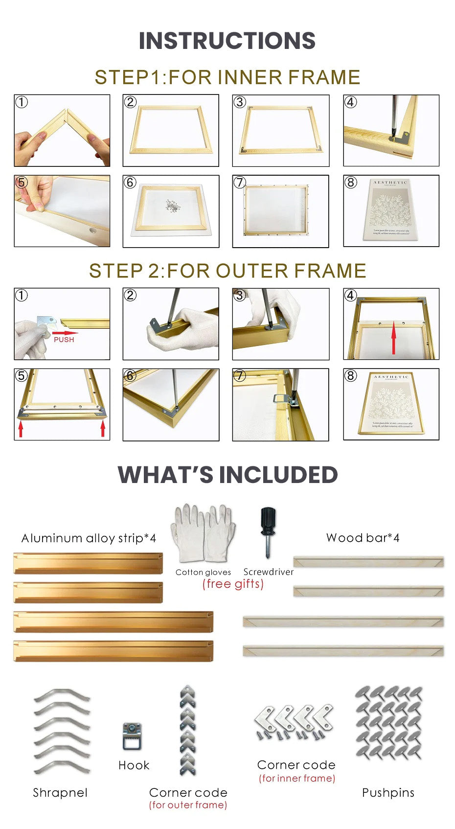Metal Picture Frame 8 Colors Brushed Black Frosted White Brushed Gold Titanium Silver With Wood Inner Frame Sizes 20x30cm to 60x90cm