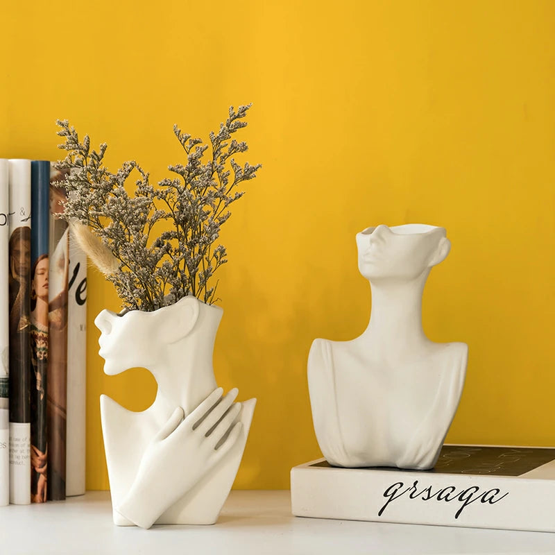 Nordic Abstract Sculptured Porcelain Lady Ceramic Vase Miniature Bust Decorative Art Sculpture For Wedding Floral Arrangements Modern Living Room Home Decor.