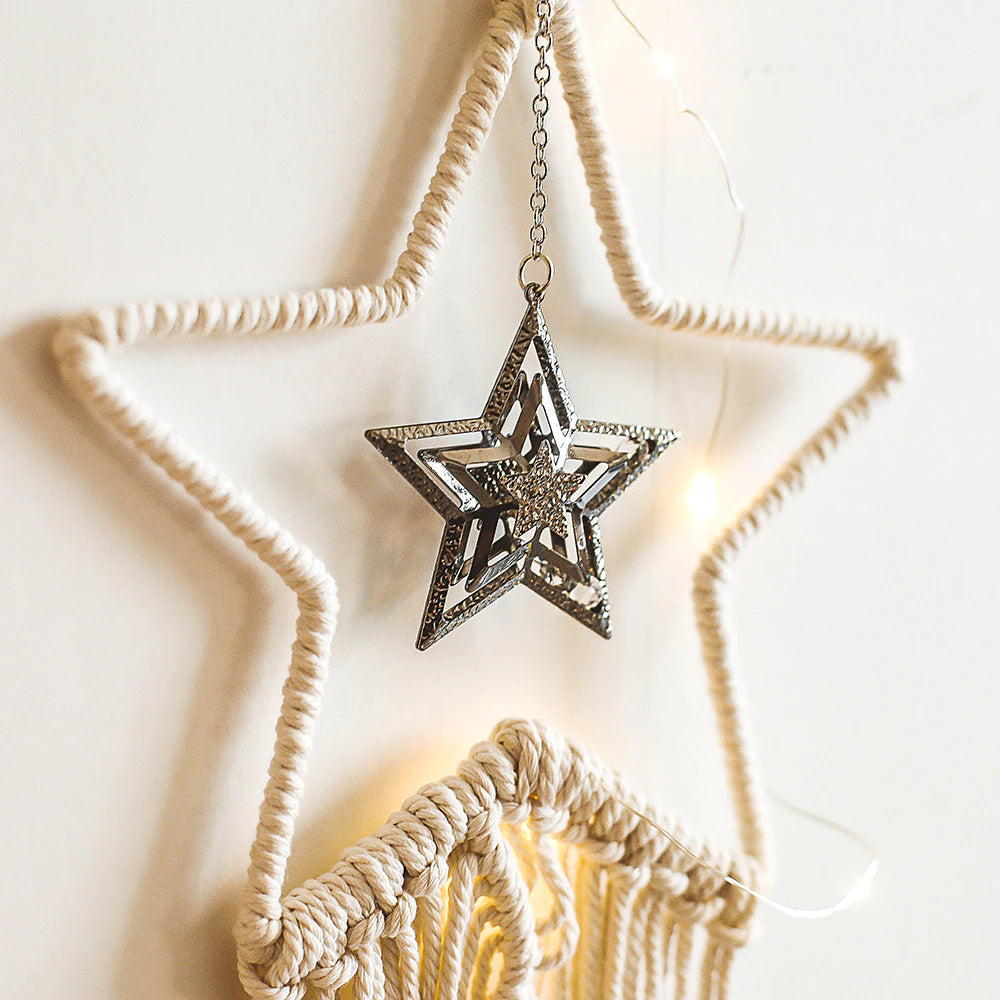 Fairy Light Dream Catcher Naturally Inspired Earthy Moon And Stars Cotton Macrame Hanging Decoration For Bedroom Living Room Essential Nordic Home Decor