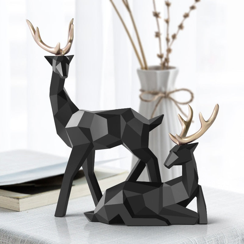 Abstract Geometric Golden Reindeer Figurines Sculptured Nordic Deer Statues For Tabletop Decoration Nordic Style Living Room In White Black Gold Blue Set Of Two