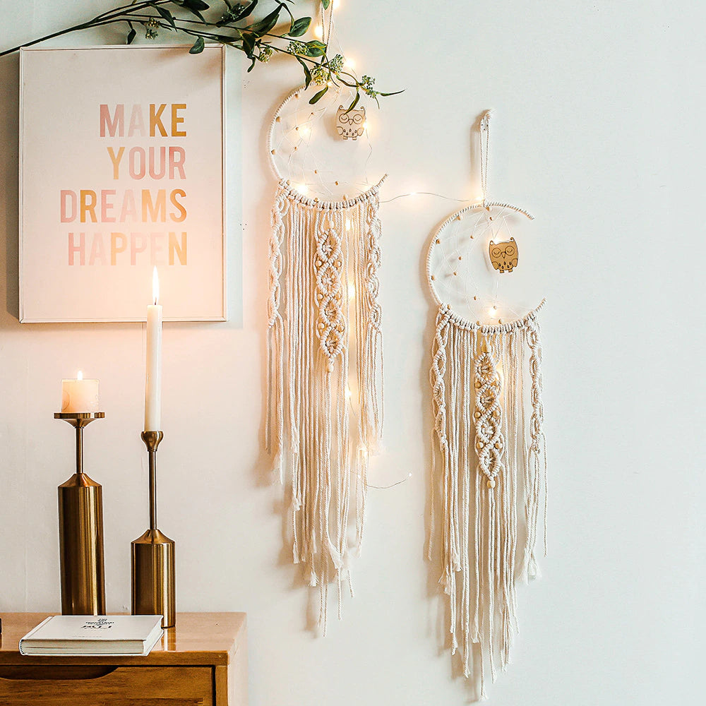 Fairy Light Dream Catcher Naturally Inspired Earthy Moon And Stars Cotton Macrame Hanging Decoration For Bedroom Living Room Essential Nordic Home Decor
