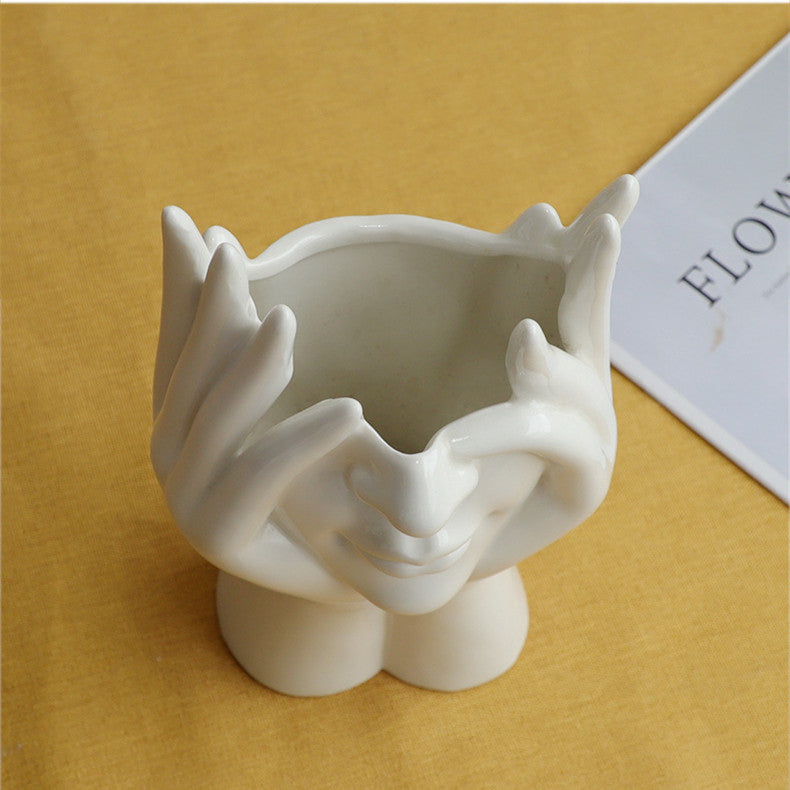 Abstract Face Hands Art Vase For Creative Floral Arrangements Modern Ceramic Handicraft Decoration For Nordic Living Room Hotel Room Home Office Reception Decor