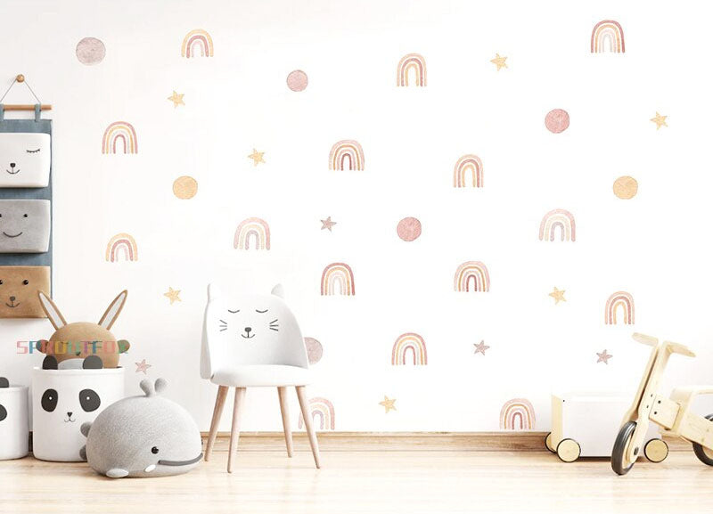 Little Rainbows Moon And Stars Wall Decals For Kid's Playroom Removable Self-Adhesive PVC Wall Stickers For Baby's Room Nursery Creative DIY Home Decor