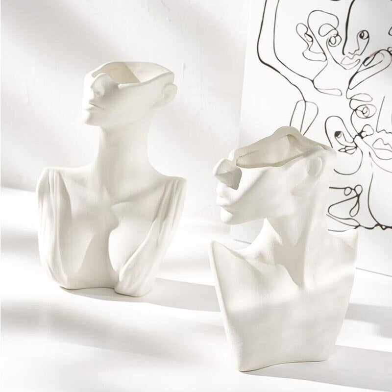 Nordic Abstract Sculptured Porcelain Lady Ceramic Vase Miniature Bust Decorative Art Sculpture For Wedding Floral Arrangements Modern Living Room Home Decor.