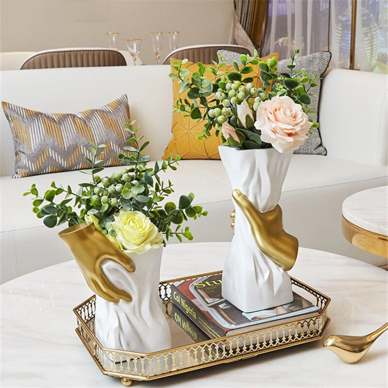 Modern Nordic Abstract Art Vase White With Golden Hand Decorative Minimalist Tabletop Vase For Luxury Living Room Dressing Room Salon Home Decor