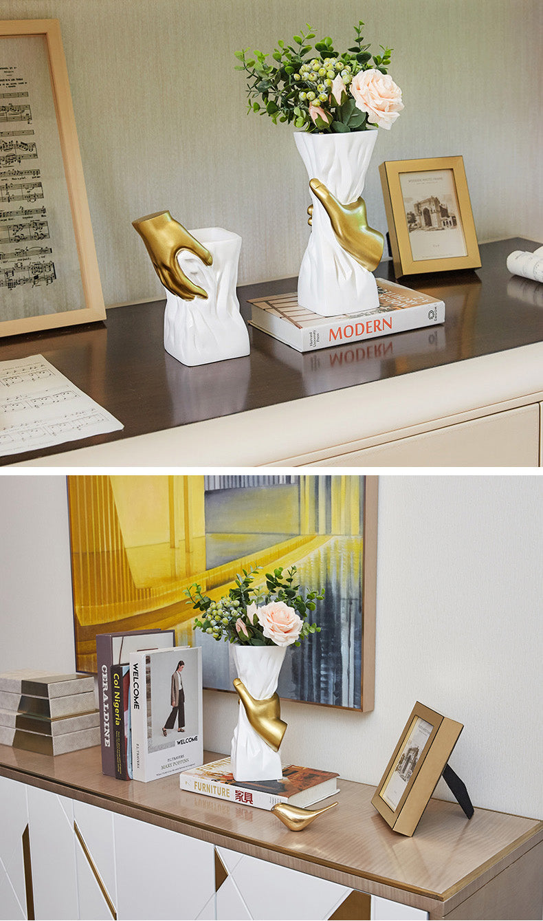 Modern Nordic Abstract Art Vase White With Golden Hand Decorative Minimalist Tabletop Vase For Luxury Living Room Dressing Room Salon Home Decor