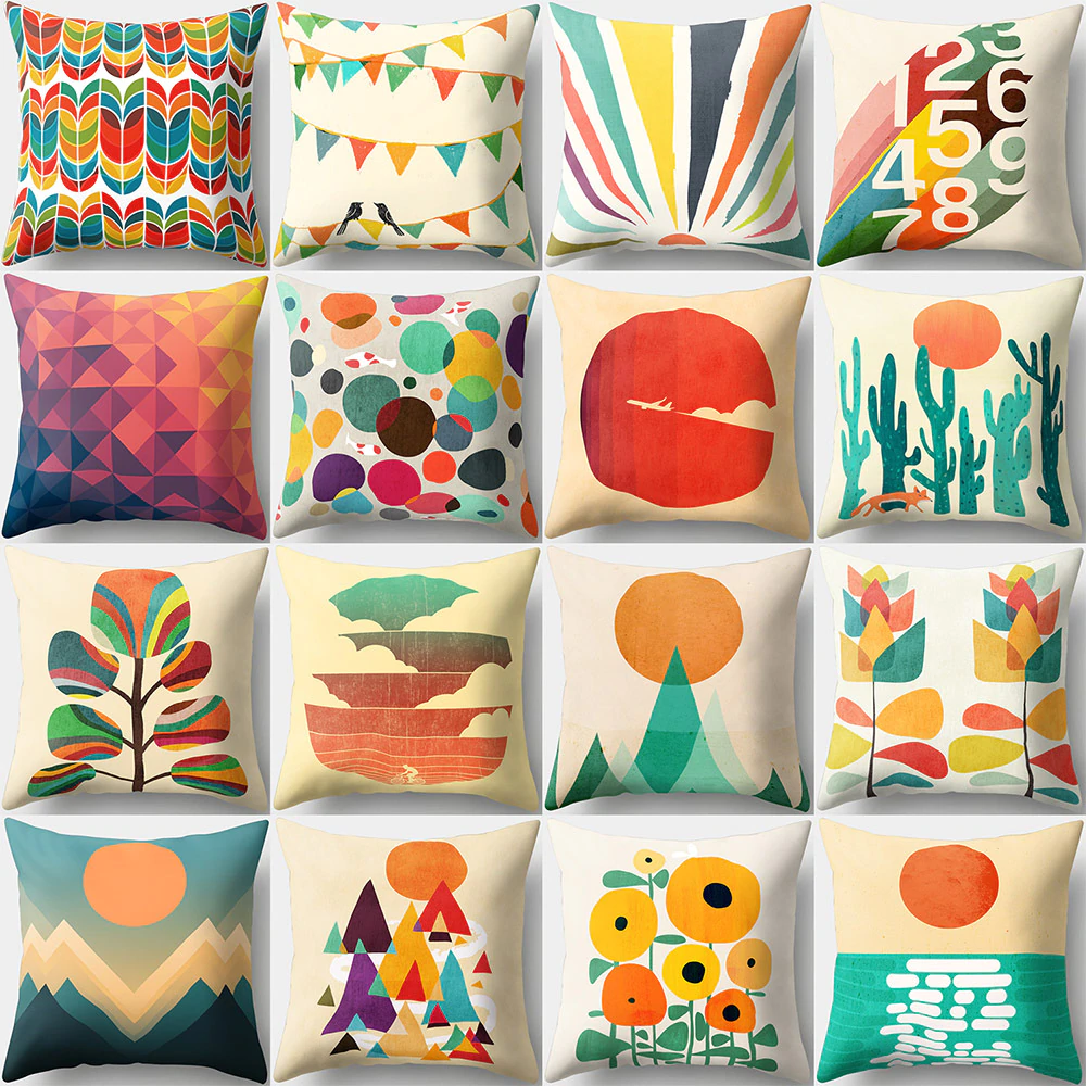 Colorful Nordic Style Sunrise Moon & Mountain Floral Landscape Geometric Abstract Patterned Retro Geometric Cushion Cover Sofa Pillow Case