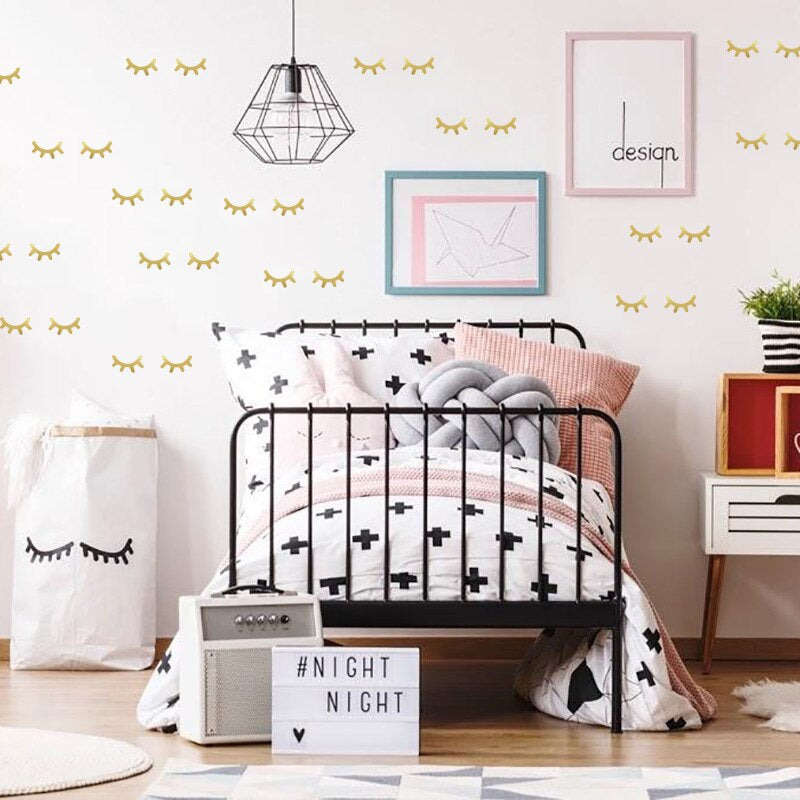 Little Eyelash Wall Decals For Kids Girls Bedroom Decor Cute Night Night Lashes Nursery Decor Removable Self Adhesive PVC Stickers For Creative DIY Home Decor