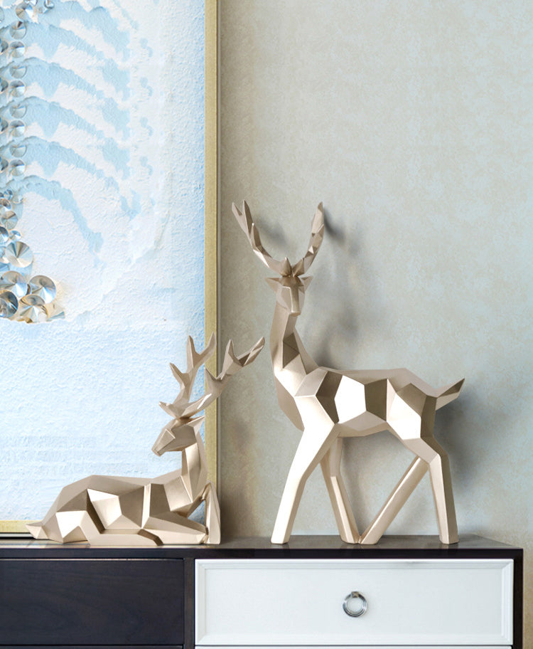 Abstract Geometric Golden Reindeer Figurines Sculptured Nordic Deer Statues For Tabletop Decoration Nordic Style Living Room In White Black Gold Blue Set Of Two